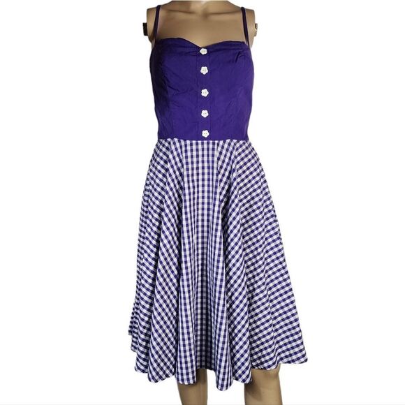Hell Bunny Purple Checkered Gingham Fit & Flare Pinup Style Midi Dress - Picture 2 of 11